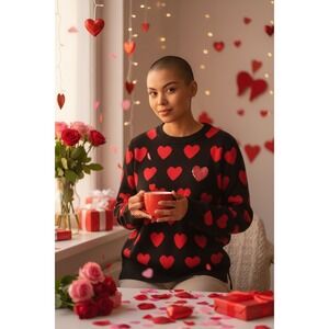 Charter Club Black Red‎ Hearts Valentine Sweater Sequine Crewneck Knit Size M